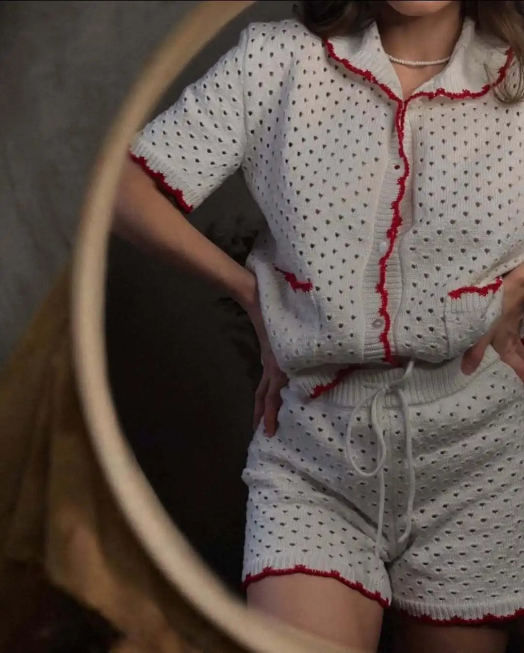 White Knitted Short Sleeve Top And Shorts Set