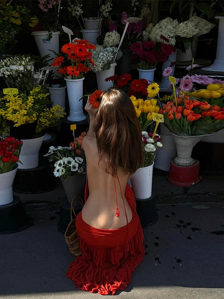 Red Halter Backless Split Deep Maxi Dress