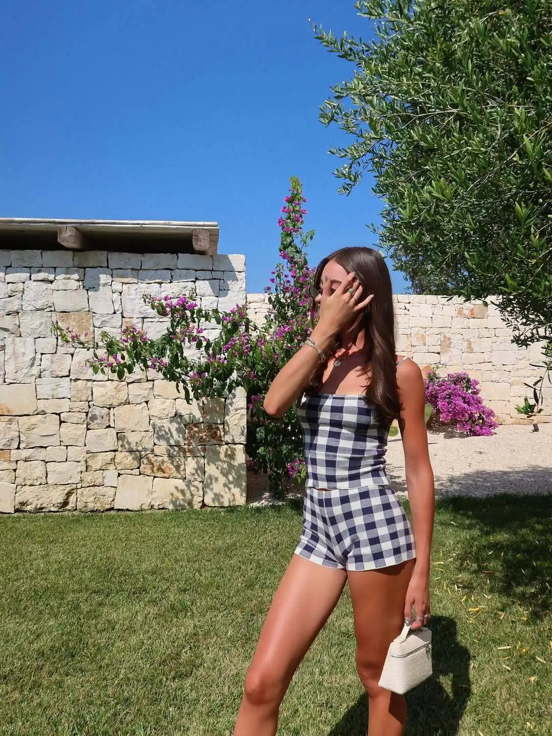 Black Checkered Cami Top And Shorts Set