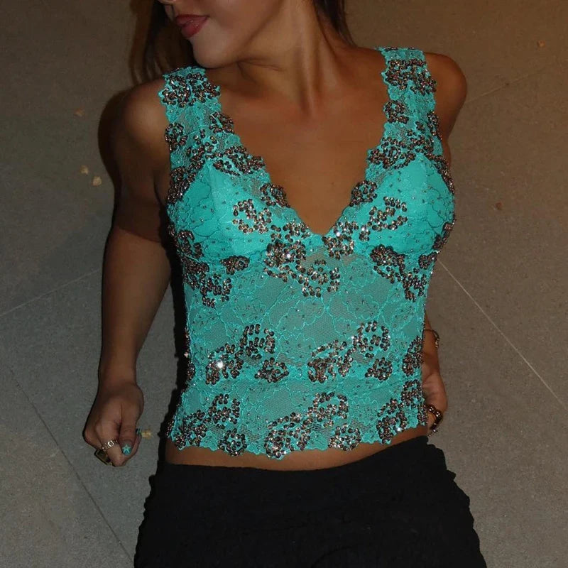 Flower Embroidery V Neck  Mesh Crop Top