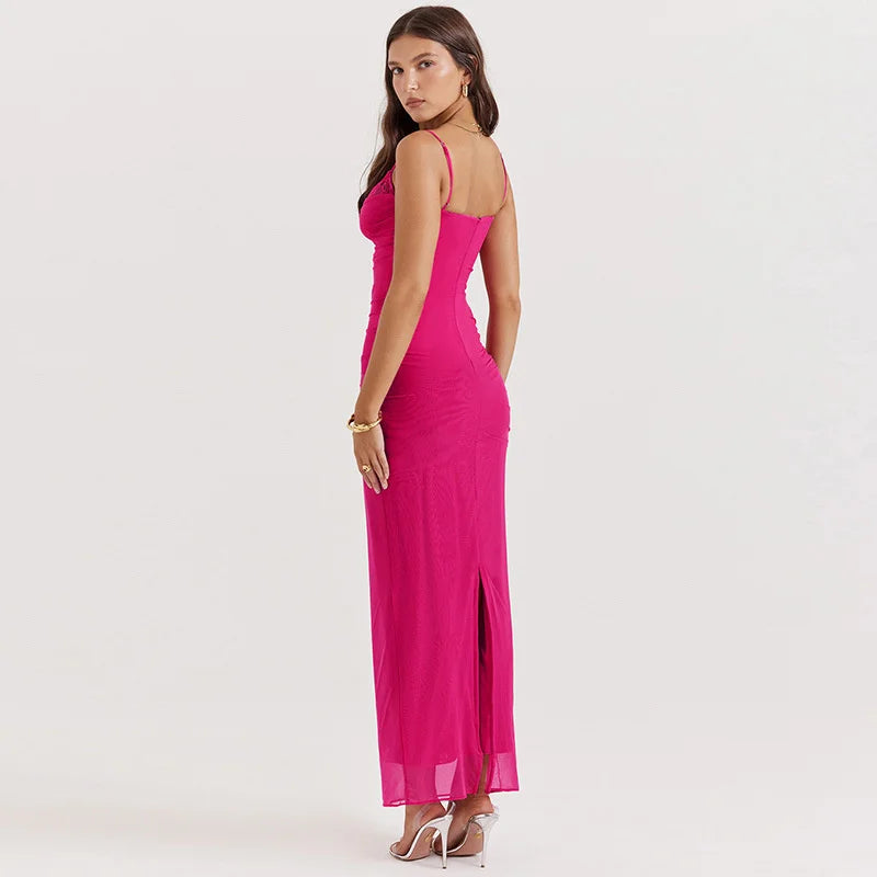 Mesh Pink Ruched Bodycon Strap Midi Dress