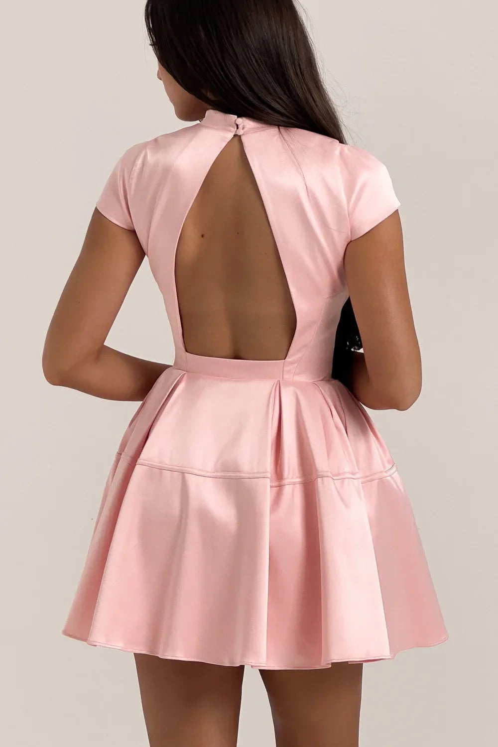 Pink Satin Mini Dress â€?Back Cutout & Flare Fit