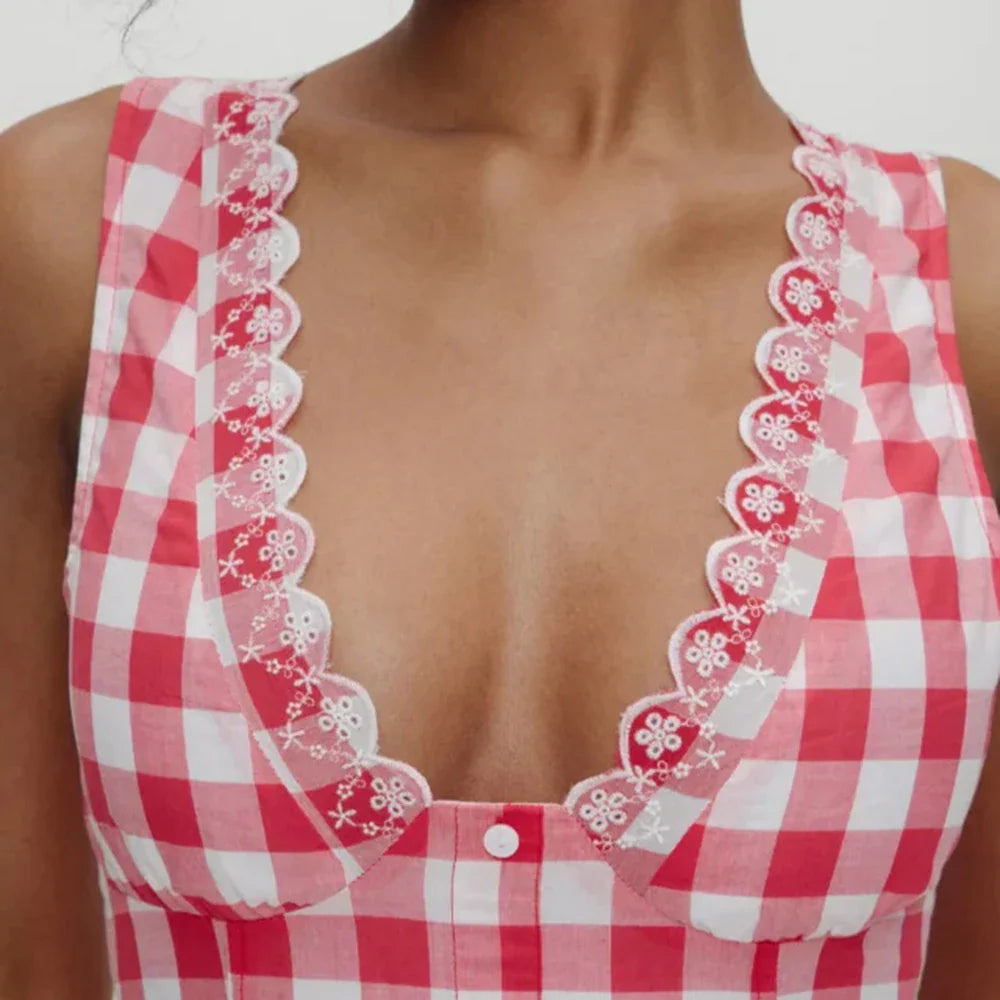 Red Checked V-neck Tank Mini Dress
