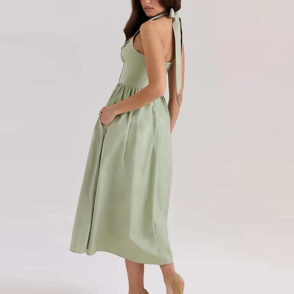 Green Embroidered Halter Midi Dress - A-Line Fit