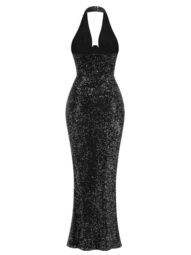 Sequin Halter Deep Neck Maxi Dress