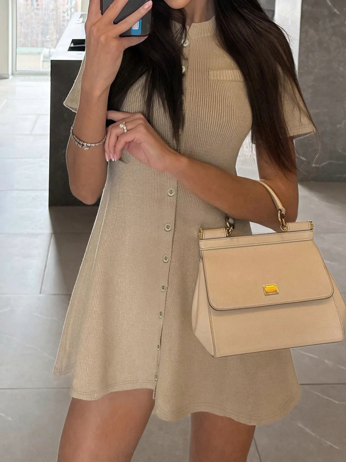 Knitted Short Sleeve Button A-Line Mini Dress