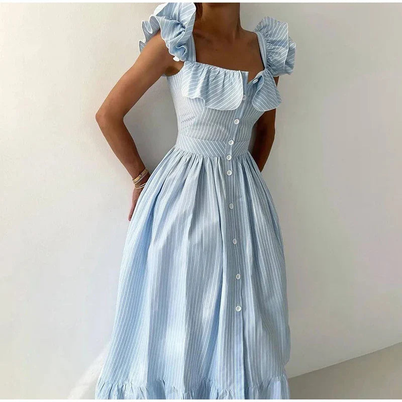 Ruffles Striped Square Collar Buttoned Long Dress