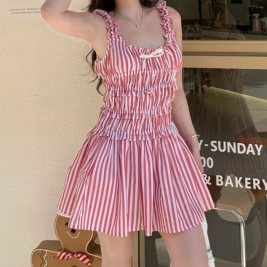 Striped Elastic Waist Frill Mini Dress