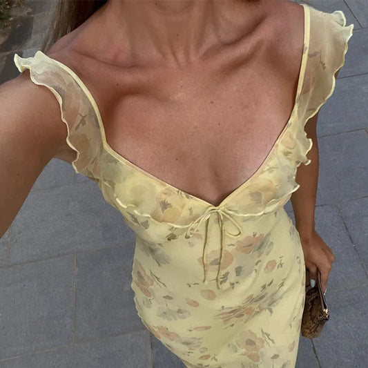 Yellow Floral Frill Strap Midi Dress