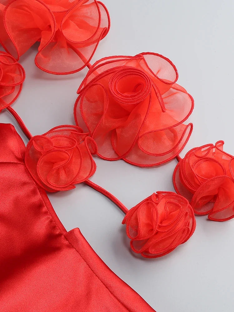 Flower Strap Backless Satin Mini Dress