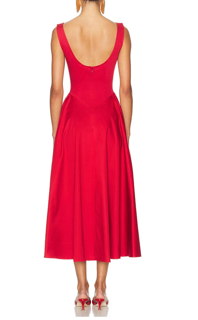 Solid Round Neck Waist A-line Sleeveless Midi Dress