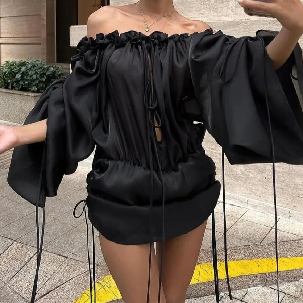 Mesh Long Sleeve Drawstring Chiffon Off Shoulder Mini Dress
