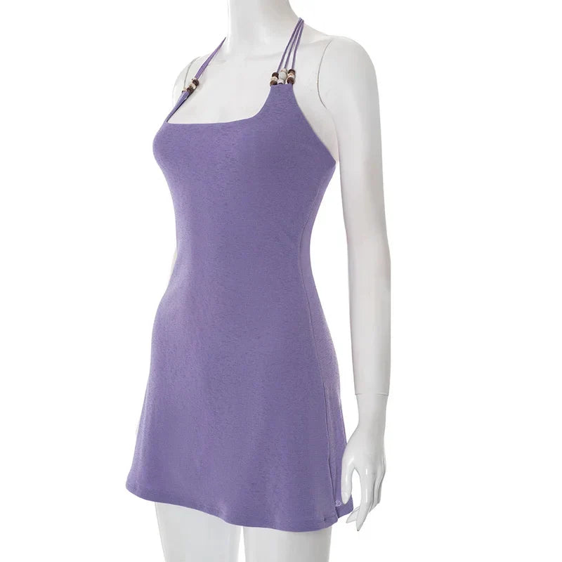 Purple Halter Beaded Mini Dress