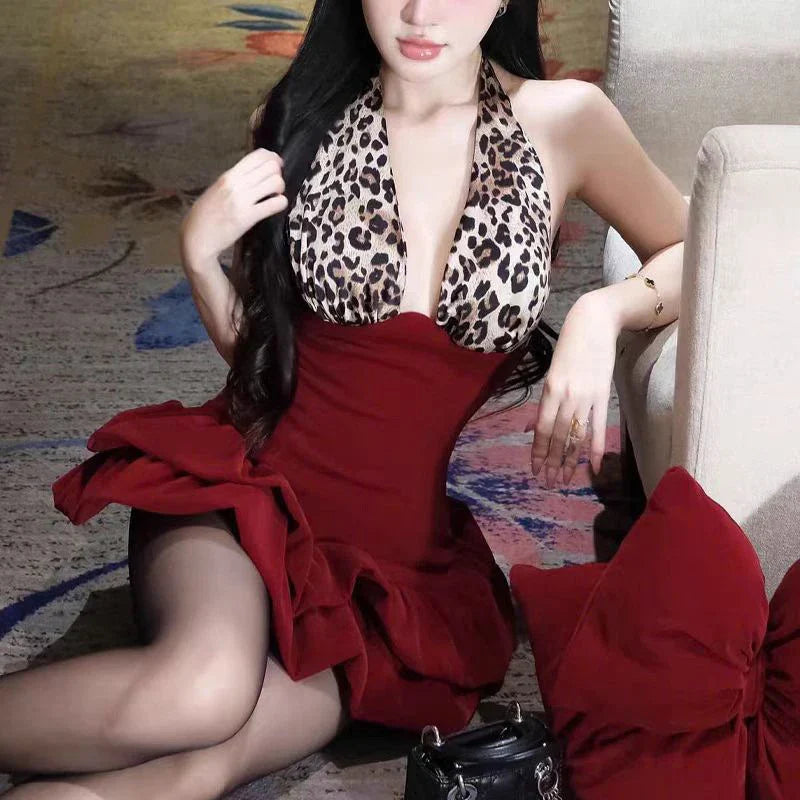 Leopard Print Tie Up Deep Neck Mini Dress