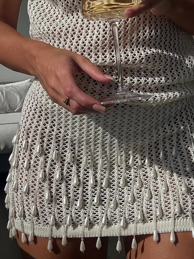 White Pearl Hem Sheer Knit Mini Dress