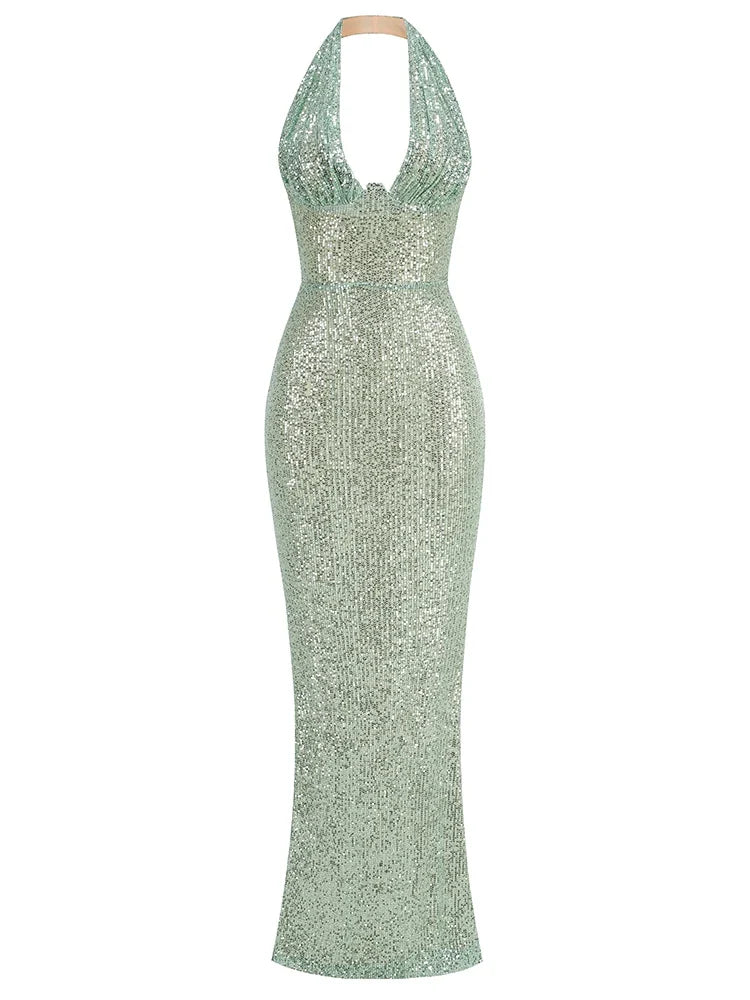 Sequin Halter Deep Neck Maxi Dress
