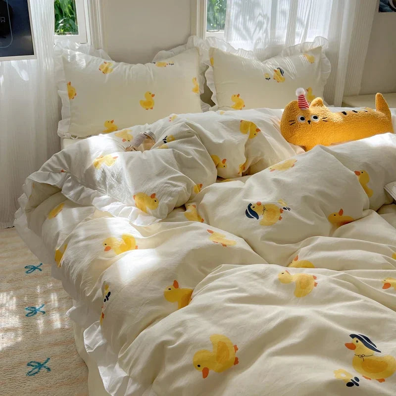 Blue Floral Ruffle Duvet Cover Set Queen Flower Leaf Comforter Covers 4Pcs Soft Luxury Pastoral Garden Washed Cotton Bedding Set
