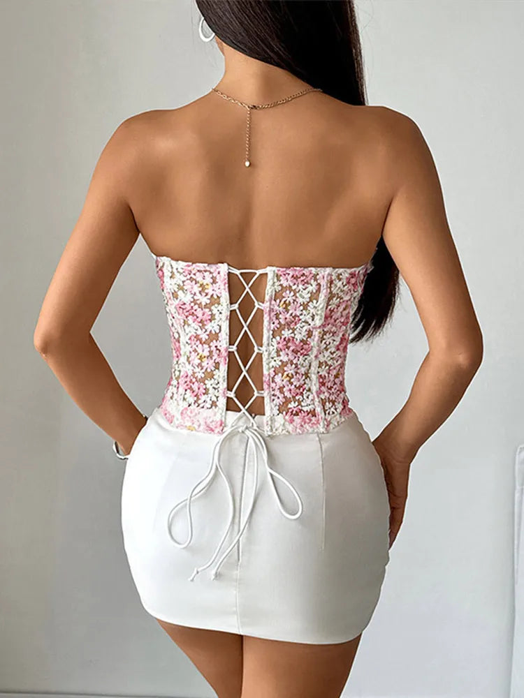 Flower Embroidery See Through Corset Top