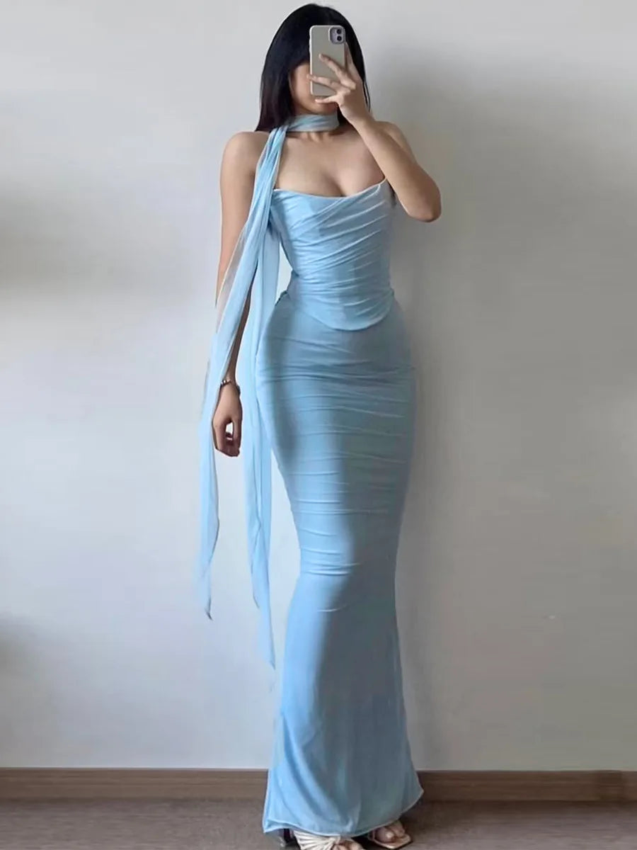 Corset Top With Mermaid Long Skirt And Scarf Set