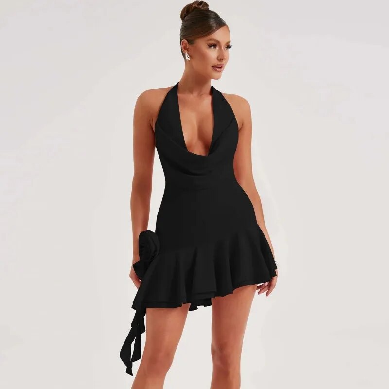 Floral Applique Ruffle Deep Neck Halter Mini Dress