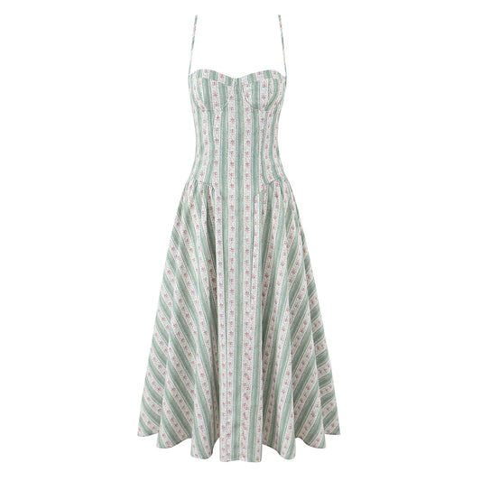 Green Striped Floral Print Corset Style Midi Dress - Sweet Fit & Flare