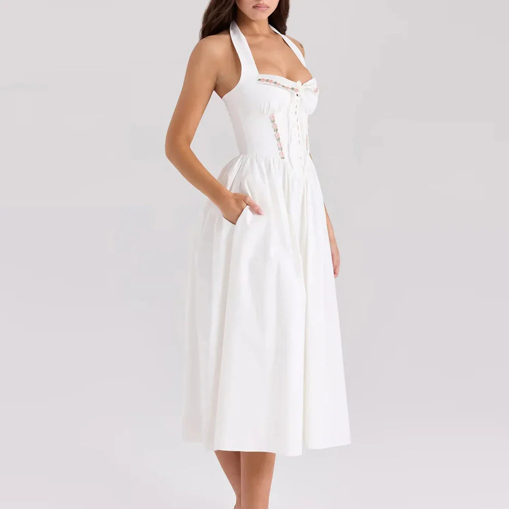 Green Embroidered Halter Midi Dress - A-Line Fit