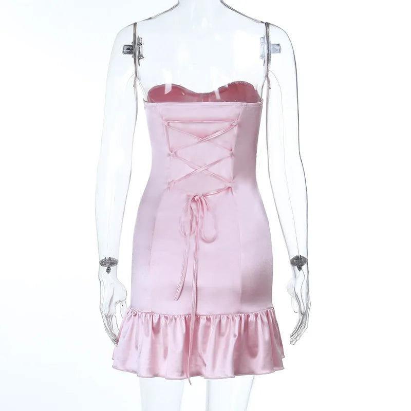 Pink Satin Bustier Frill Mini Dress