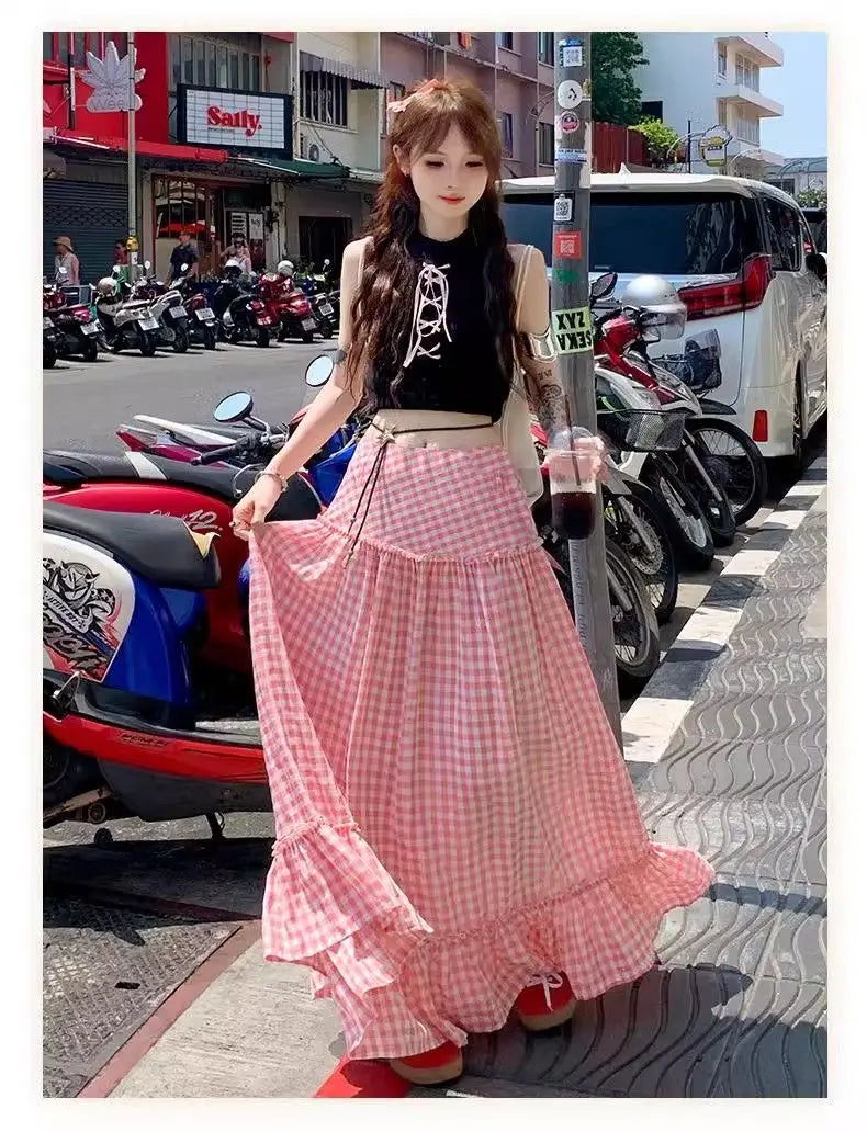 Pink Checkered Long Skirt - Casual A-Line