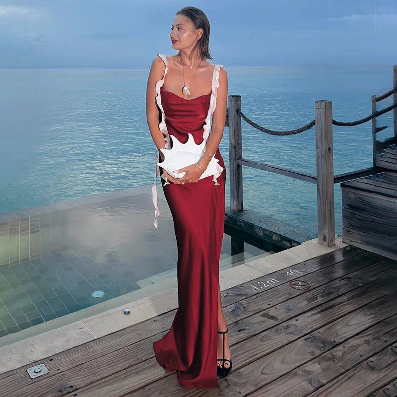 Frill Strap Satin Midi Dress