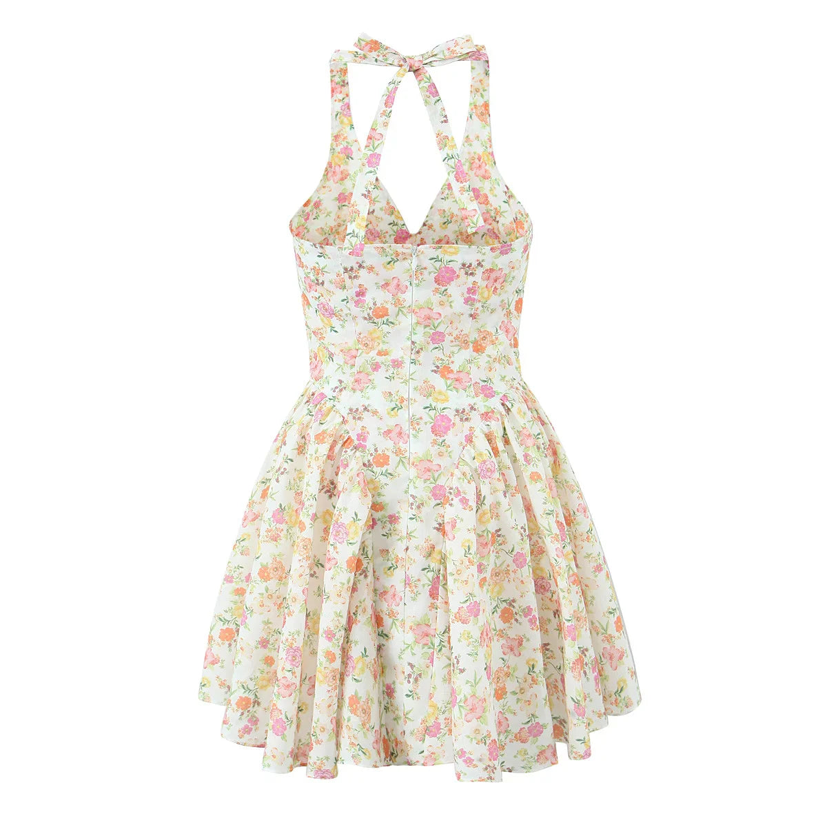 Floral Print Deep Halter Neck Mini Dress