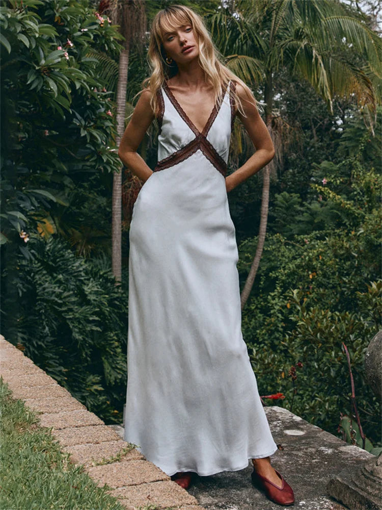 Lace Patchwork V-Neck Maxi Dress