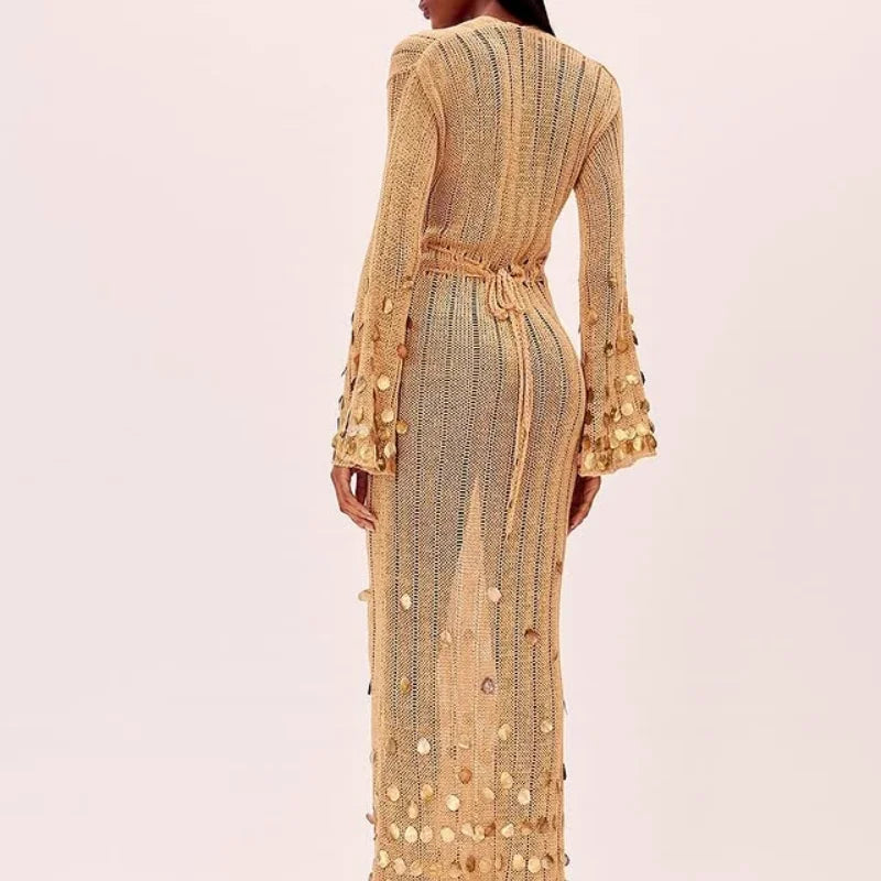 Beige Deep Neck Sequin Knitted Maxi Dress 