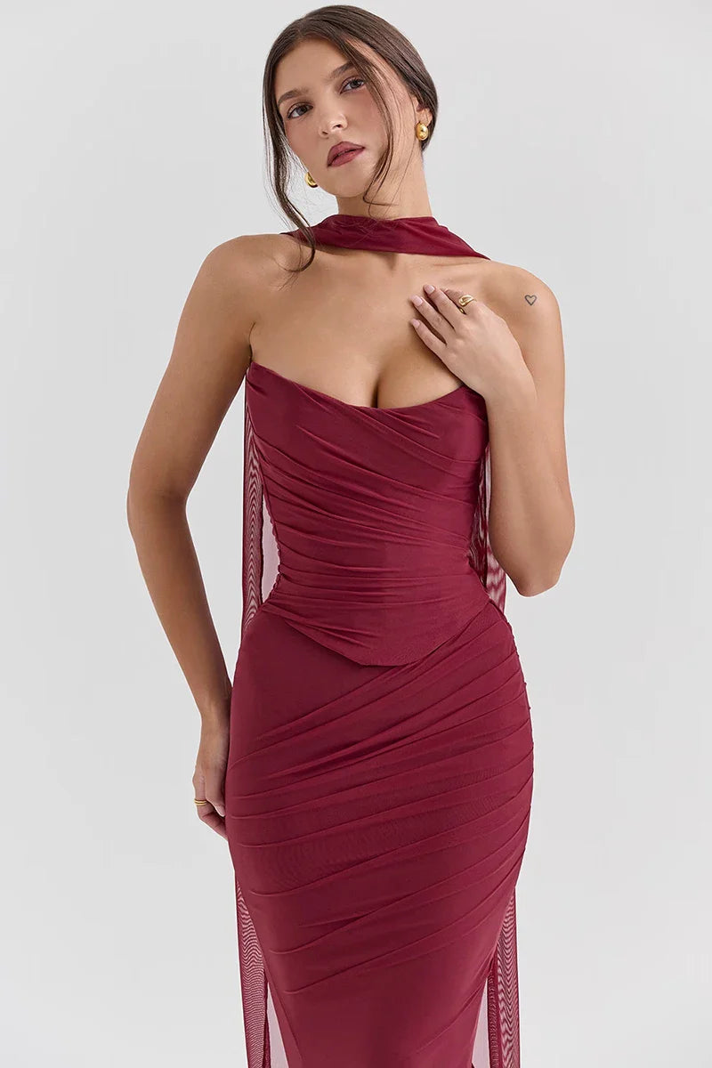 Corset Top With Long Scarves  And Body-con Midi Skirt Set