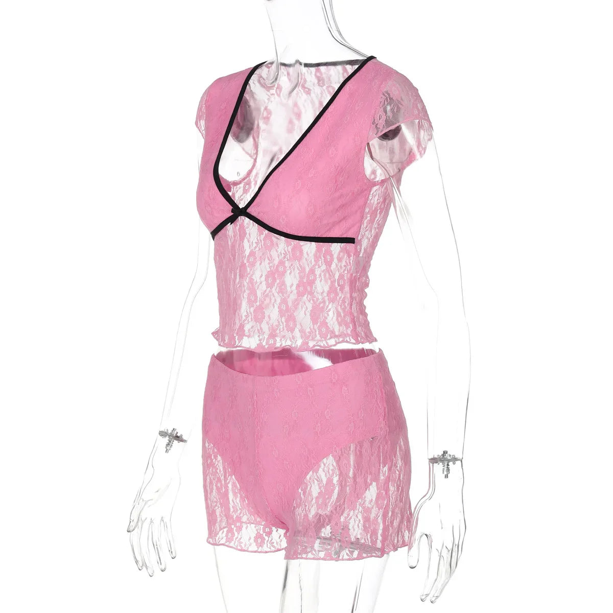 Pink Lace Crop Top And Shorts Set