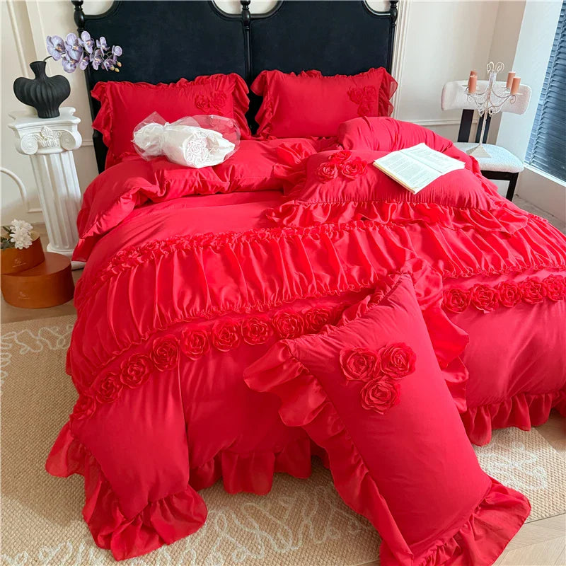 4Pcs Korean Princess Style Flowers Lace Ruffles Bedding Set Queen King Duvet Cover Bed Skirt/Bed Sheet/Fitted Sheet Pillowcase