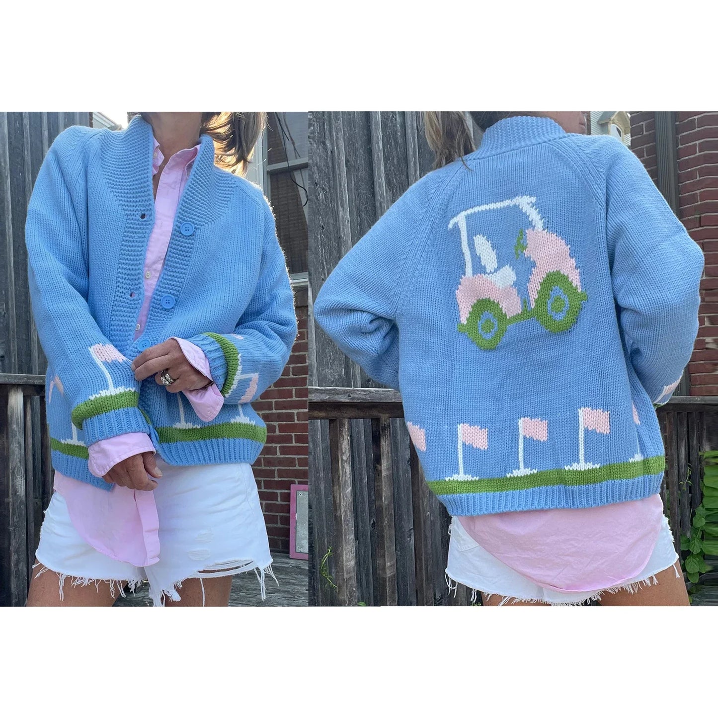 Blue Golf Car/Heart Print Long Sleeve Lapel Button-down Knitwear Cardigan with Pockets