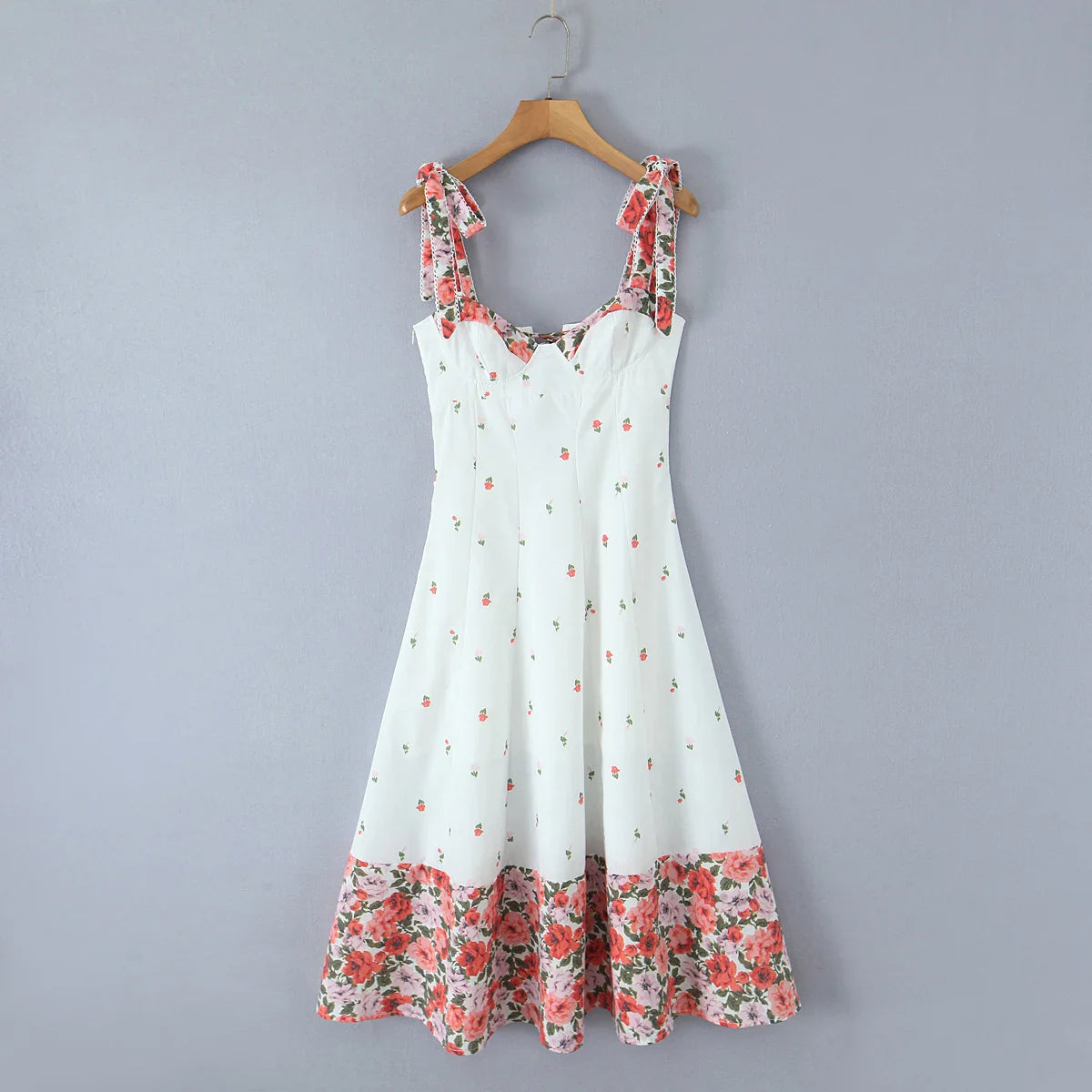White Printed Patchwork Tie-Up Maxi Dress - Vintage Fit & Flare