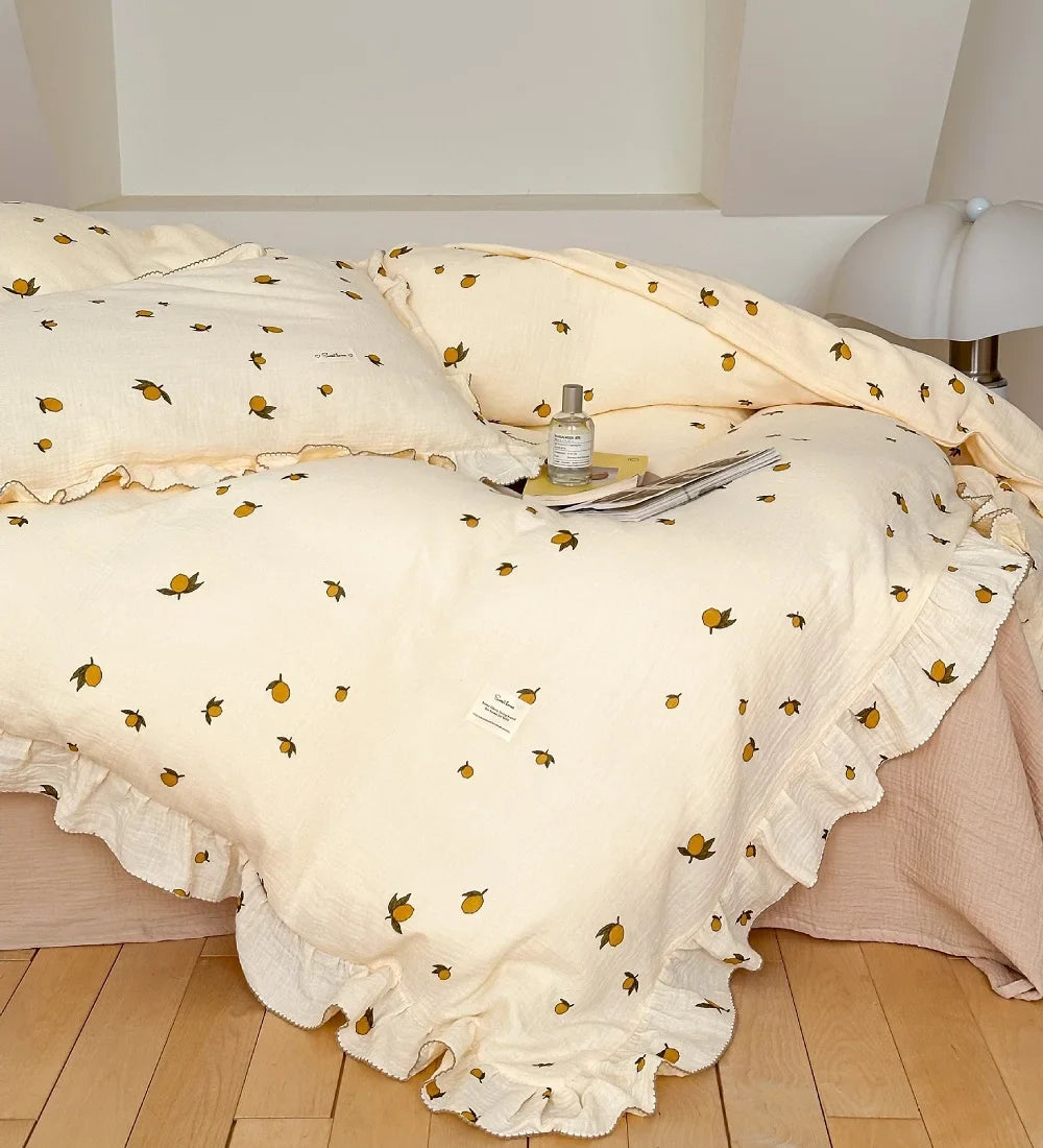 INS Princess Ruffle Edge Gauze 100% Cotton Pillow Case Breathable Duvet Cover Without Filler 3PCS Floral Home Bedding Set