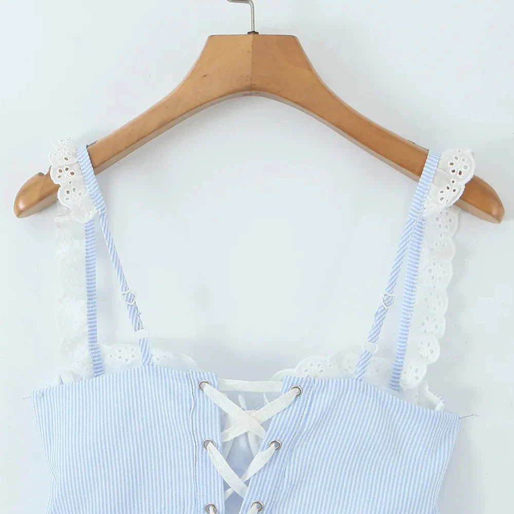 Blue Stripe Lace Trim Babydoll Mini Dress