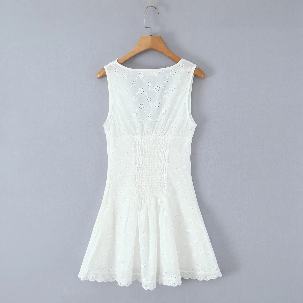 White V-neck Doily Embroidery Mini Dress