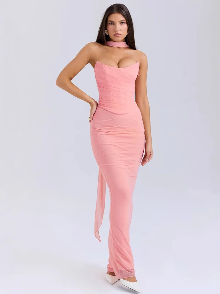 Corset Top With Long Scarves  And Body-con Midi Skirt Set