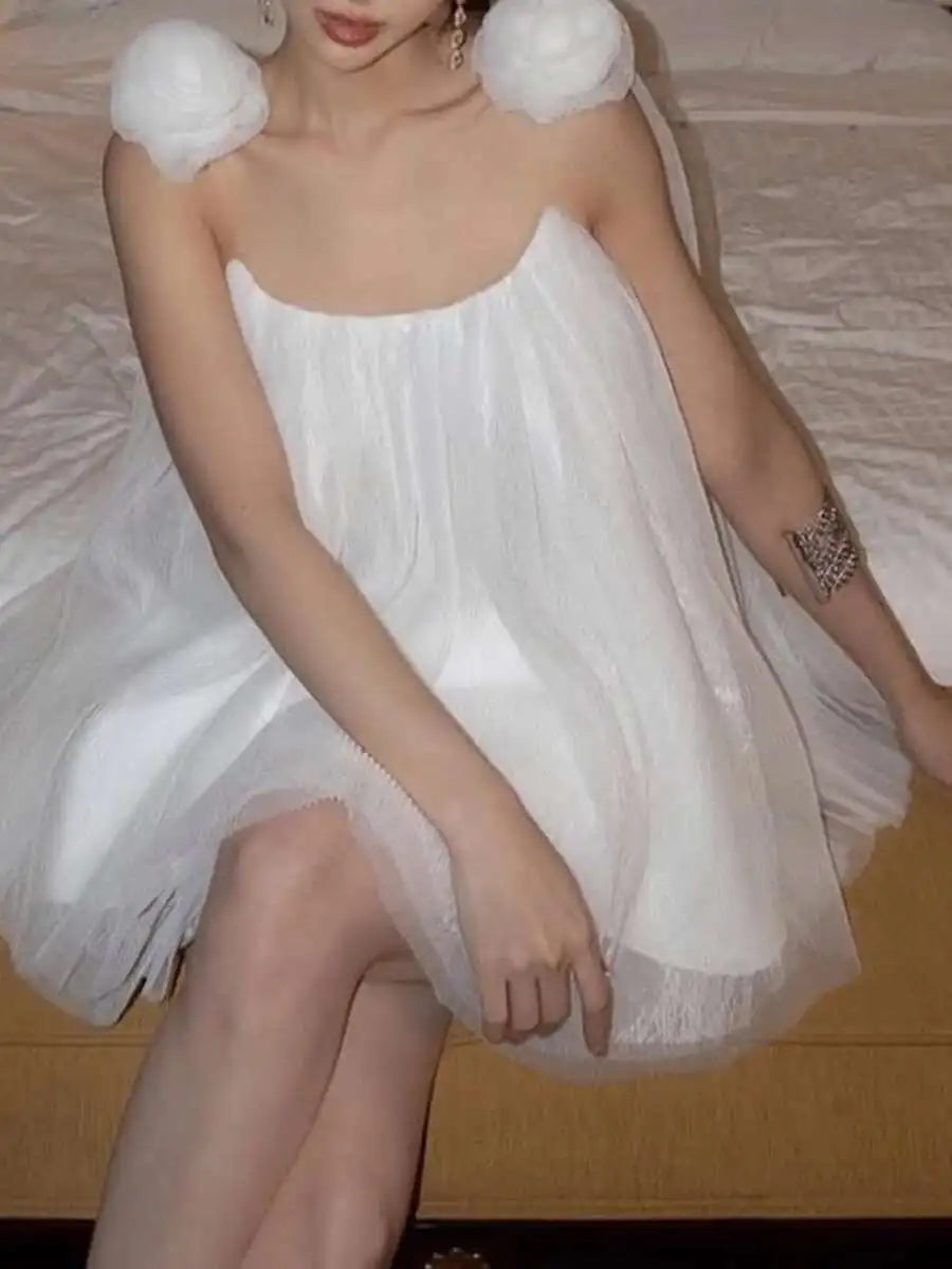 White Mesh Flower Appliqués Frill Mini Dress