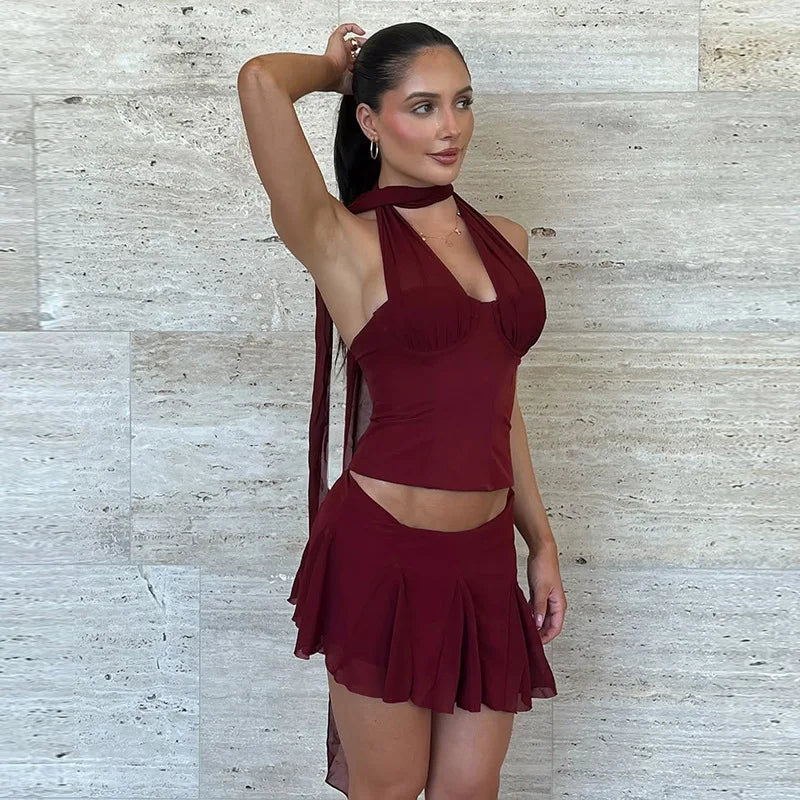 Scarf Halter Corset Top And Mini Skirt Set