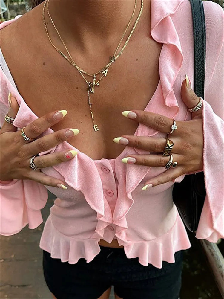 V-Neck Ruffled Long Sleeve Top