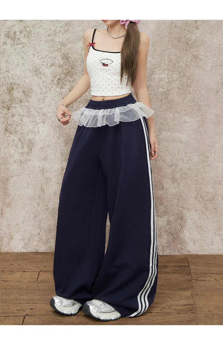 Navy Blue Wide Leg Elastic Waist Striped Sweatpants