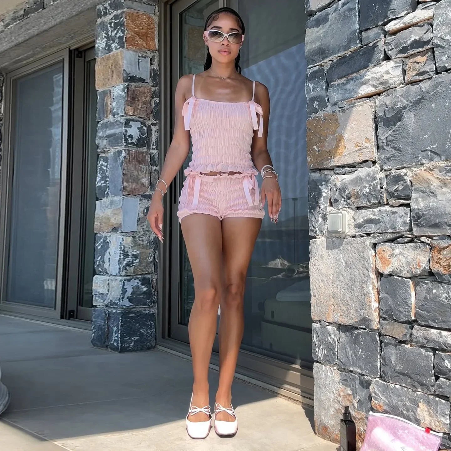 Pink Bowknot Ruched Strap Top And Shorts Set