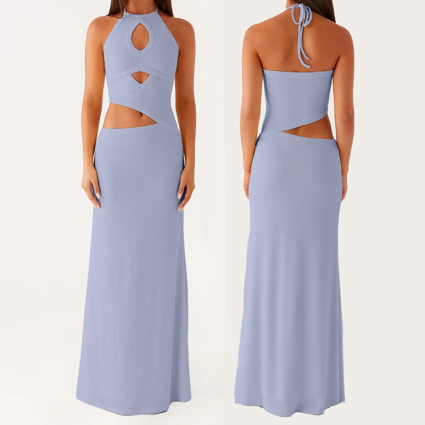 Cutout Solid Long Dress - Halter Neck A-Line