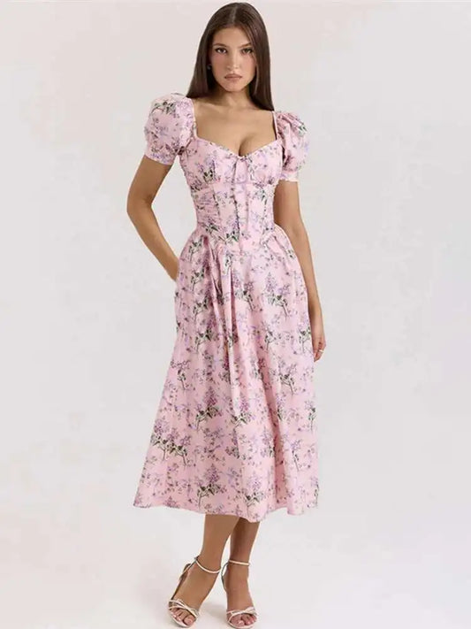 Pink Puff Sleeve Floral Print Midi Dress