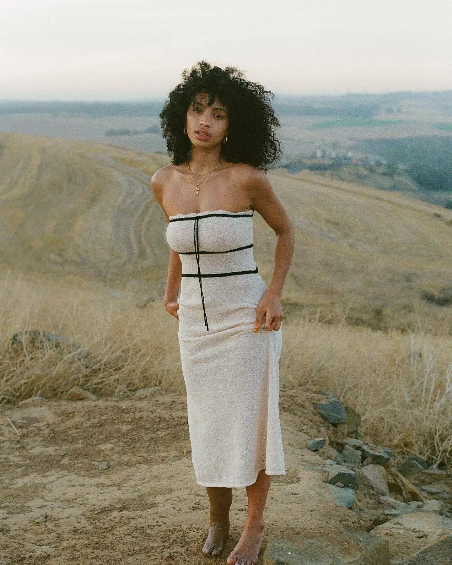 Knit Tube Black Stripe Tie-Up Midi Dress