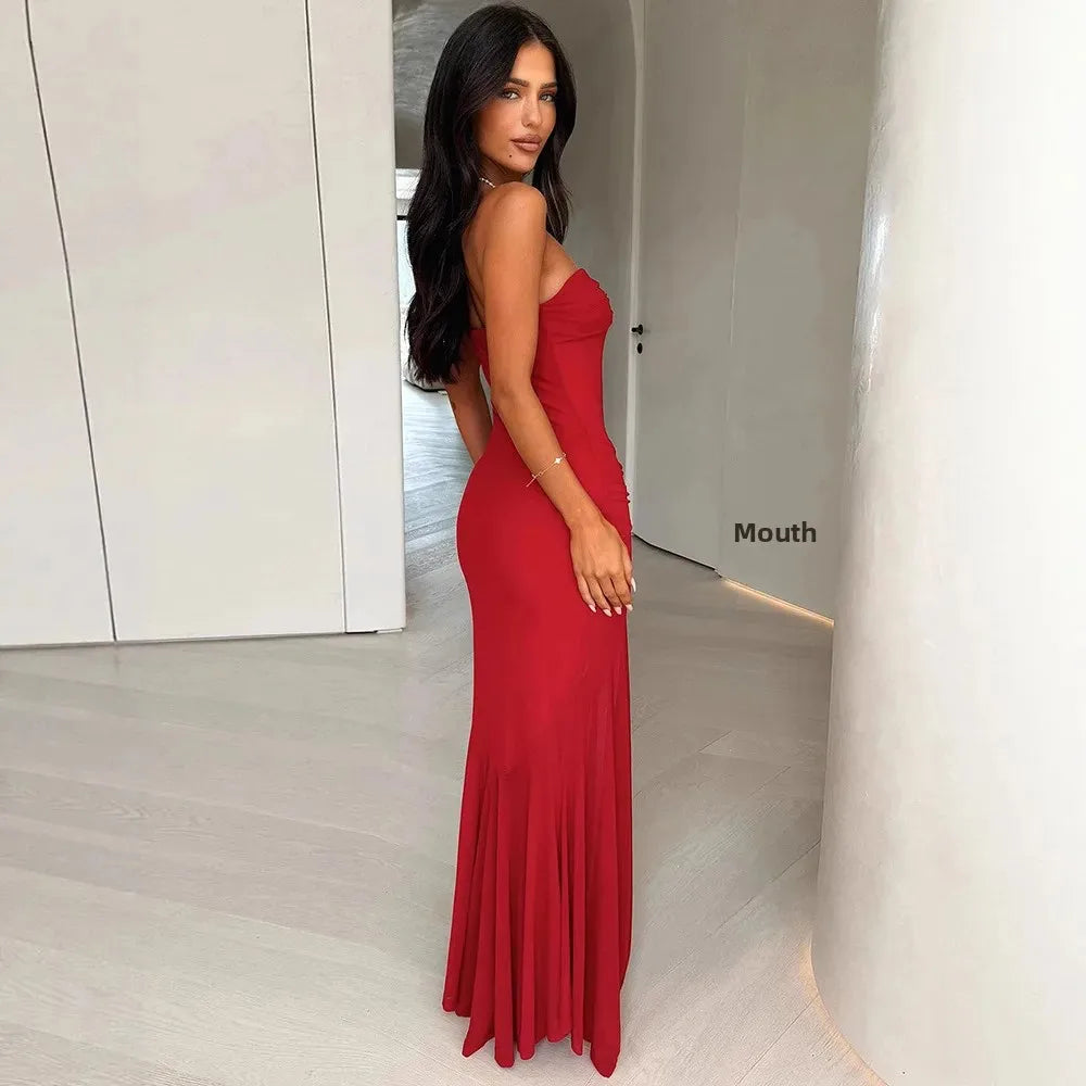 Sleeveless Mesh Pleated Twisted Bandeau Long Dress
